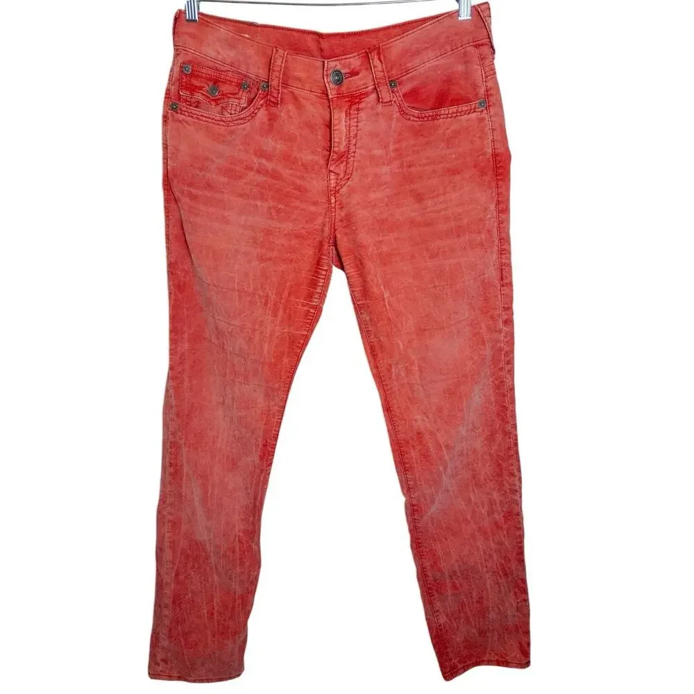 True Religion Geno Relaxed Slim Acid Mineral Wash Corduroy Pants Red Orange 32